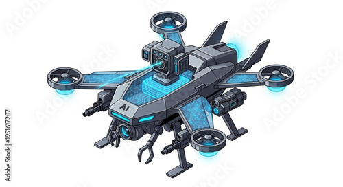 Futuristic drone design with advanced technology and glowing blue accents, ready for flight.