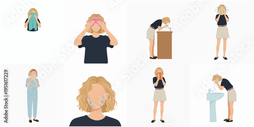 Flat Style Young Woman Washing Face Daily Routine Illustration Set
