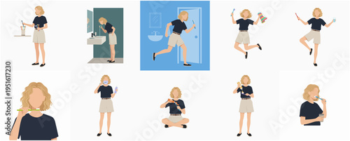 Minimalist Flat Woman Brushing Teeth Daily Routine Body Language Illustration