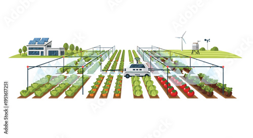 An autonomous vehicle sprays diverse crops in a smart farm with a solar-powered house and wind turbine.