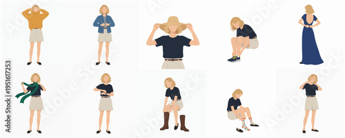 Minimalist Flat Design Fashionable Woman in Various Poses Set Illustration