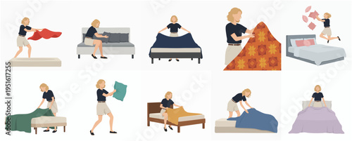 Simple Style Woman Arranging Bed and Pillow Illustration Set Collection