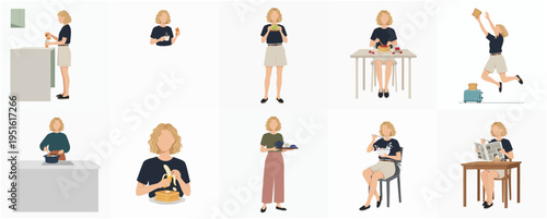 Minimalist Flat Design Blonde Woman Daily Activity at Home Illustration Set