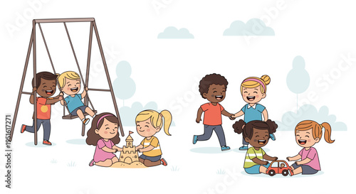Diverse children are playing happily in a park with a swing set, sandcastle, and toy car under a cloudy sky.