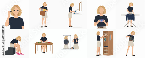 Flat Illustration Set of Young Woman Doing Different Activities at Home