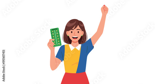 A cheerful woman holds a green blister pack of pills and raises her fist in triumph.