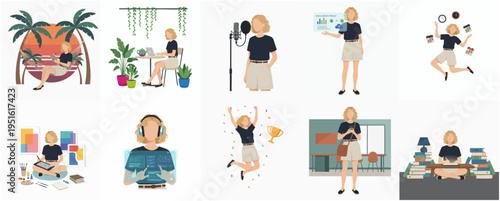 Flat Design Diverse Scenes of Freelance Woman Working From Home Illustration Set