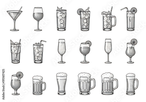 A collection of various drinking glasses and mugs in monochrome illustration style