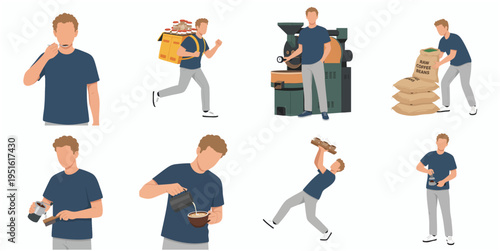 Flat Style Man Working In Coffee Shop Process Illustration