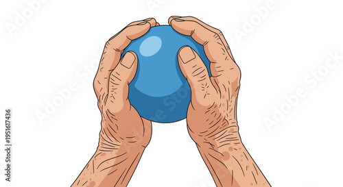 Two aged hands are cupped together holding a smooth blue ball against a plain white background.