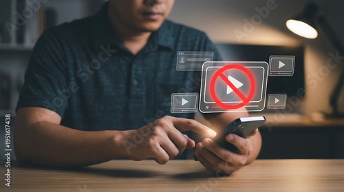 A person is using a smartphone, with a prominent red 