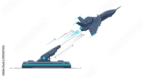 Futuristic jet fighter launching from a base with powerful energy propulsion.
