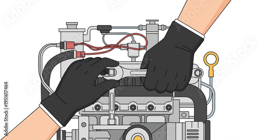 Two gloved hands use a wrench to adjust a component on a complex engine.