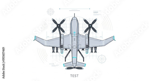 Overhead view of a military aircraft with propellers and wings.
