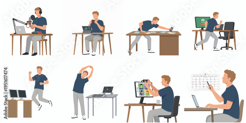 Flat Illustration Man Working From Home and Workout Routine Activities