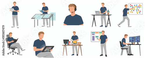 Modern Flat Style Man Working on Various Tasks in the Office Illustration