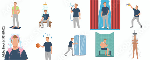 Flat Design Man Hygiene Routine and Showering Activity Illustration Set