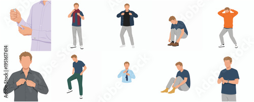 Flat Design Man in Different Poses Activity Daily Lifestyle Illustration