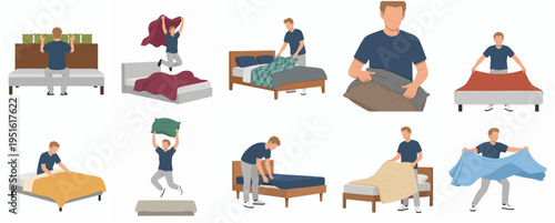 Flat Illustration Man Making Bed Process with Different Poses and Actions