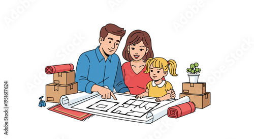 A smiling family looks at a house blueprint surrounded by moving boxes and rolled rugs.