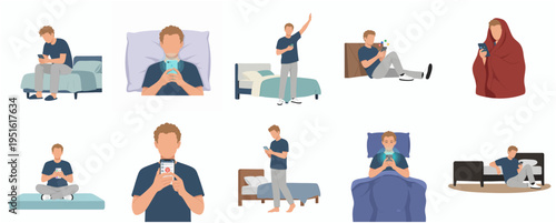 Flat Illustration Set of Man Using Mobile Phone in Different Situations