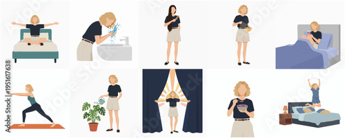 Flat Style Illustration of Various Woman's Daily Activities and Routine