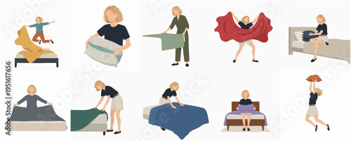 Simple Flat Woman Making Bed Collection Icon Illustration Design