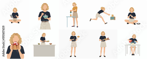 Simple Faceless Woman Doing Different Activity Flat Illustration Set
