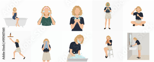 Minimalist Illustration Set Woman Skincare Routine and Hygiene Body Care