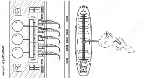 Detailed blueprint of a port facility with ship docking.