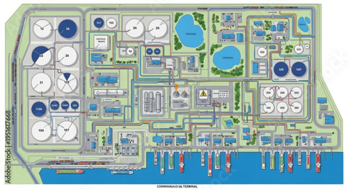 Detailed Aerial View of an Industrial Complex with Tanks and Water Features.