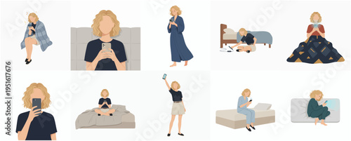 Minimalist Flat Style Diverse Woman Using Mobile Phone Illustration Set