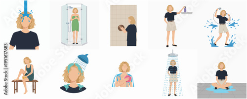 Flat Illustration of Woman in Various Shower and Bathing Activities Set