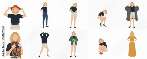 Minimalist Flat Woman Character Figure People Illustration Set in Various Poses