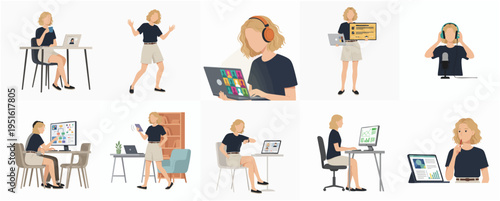 Flat Design Young Woman Working From Home Illustration and Presentation Set