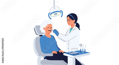 A female dentist examines an elderly patient's teeth in a dental chair with tools nearby on a white background.