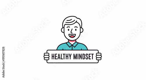 Smiling cartoon character holding a 'HEALTHY MINDSET' sign, symbolizing positive mental attitude, wellness, self-care, and well-being concept.