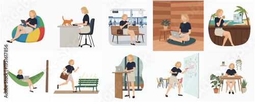 Diverse Flat Style Woman Freelancer Lifestyle Poses and Working Scenes Illustration