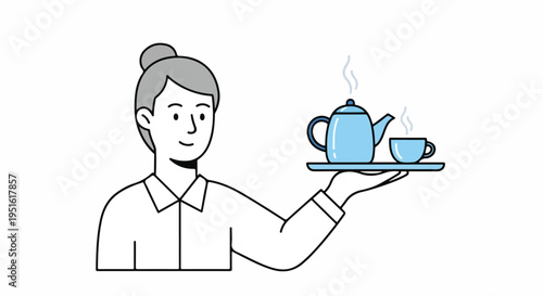 Smiling woman serving hot tea in a blue teapot and cup on a tray. Minimalist line art illustration of hospitality and beverage service.