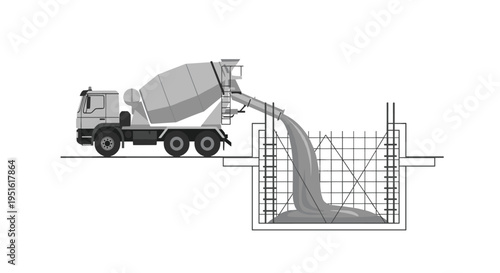 A concrete mixer truck pours concrete into a foundation with rebar and scaffolding.