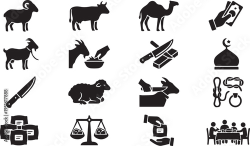 Eid Ul Adha Qurbani Sacrifice And Meat Distribution Process Icon Set