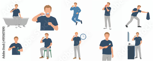 Flat Illustration Various Daily Activities of Man doing Hygiene Routine
