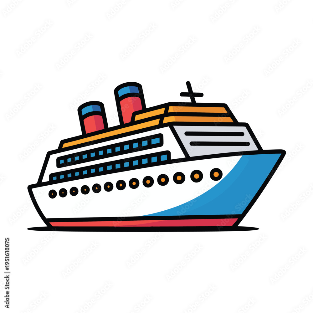 Obraz premium A colorful cartoon cruise ship sailing on the ocean water