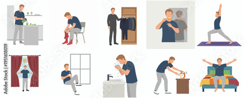 Flat Design Routine Activity of Man Doing Daily Life Illustration