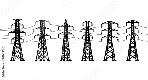 Silhouette of High-Voltage Power Lines Against a White Background.