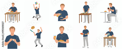 Flat Illustration Set of a Man Cooking and Eating Food in Different Poses