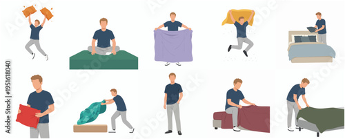 Flat Illustration of Man Character Engaged in Bedding and Moving Activities