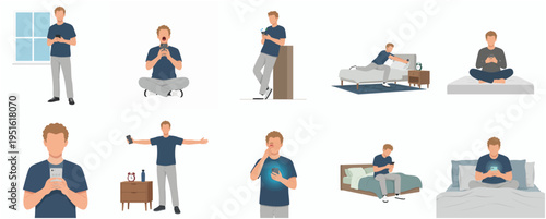 Minimalistic Line Art Man Using Smartphone in Various Poses and Locations