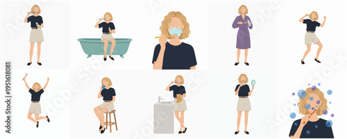 Flat Character Collection of Woman Daily Activity Routine Illustration Set