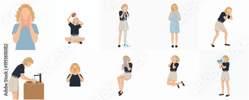Flat Illustration Various Emotions and Actions of a Woman Feeling Unwell